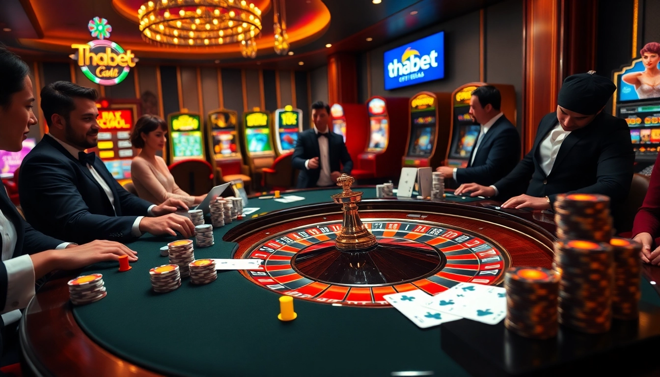 Experience high-stakes gambling action at https://thabet.vegas/ with a luxurious casino scene highlighting poker chips and roulette.