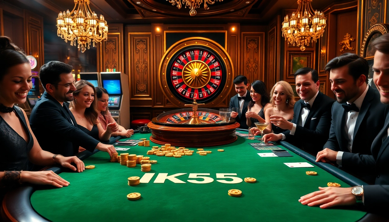 Excited gamblers enjoying a KK55-themed poker game at a luxurious casino table.
