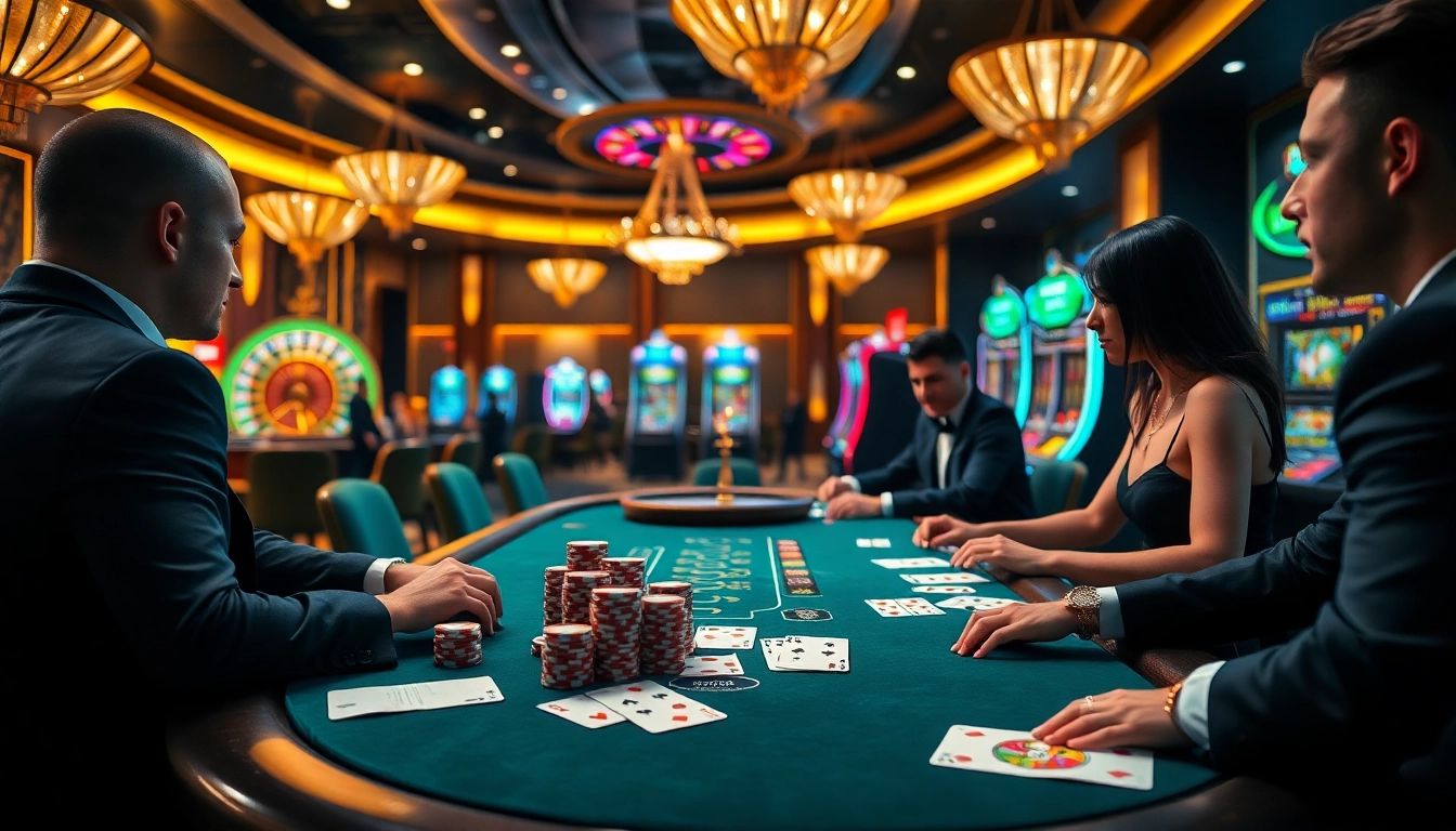 Experience the thrill of heavy betting at a casino with Cwin themed poker tables and vibrant slot machines.