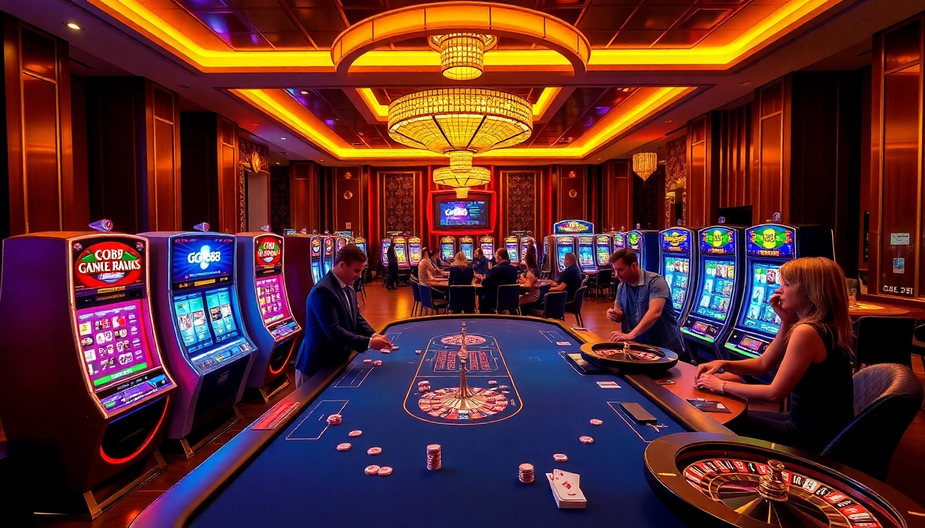 GO88 casino table with professional dealers, vibrant slot machines, and engaged players.
