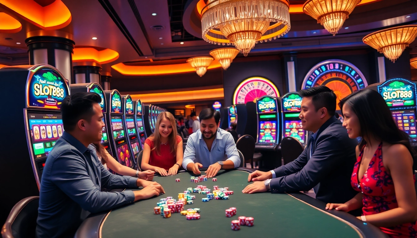 Players enjoying slot88 machines in a vibrant casino setting with poker chips and roulette.