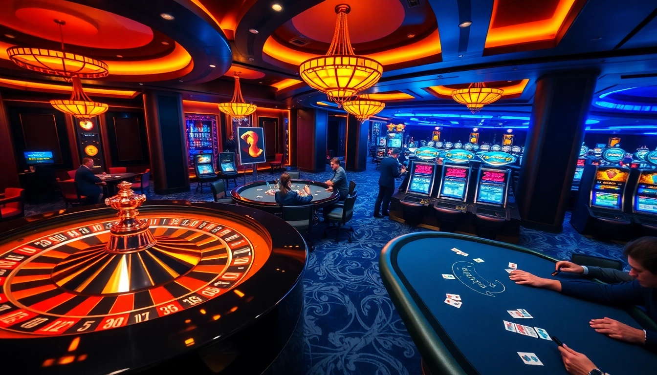 Experience the thrill of winning at https://www.eejl33.com/ with a luxurious casino scene showcasing poker tables and a roulette wheel.
