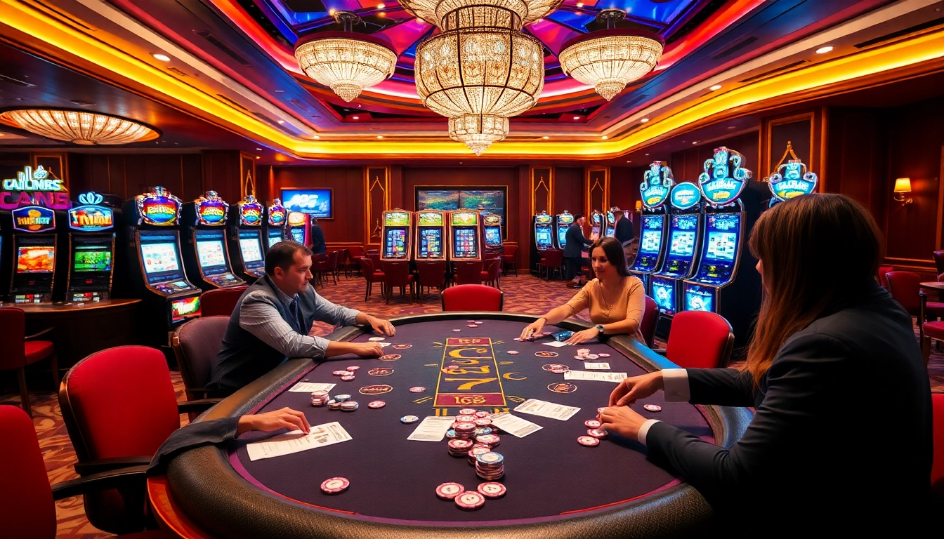 Experience high-stakes betting with lu88 in a luxurious casino atmosphere featuring poker action and vibrant gaming tables.