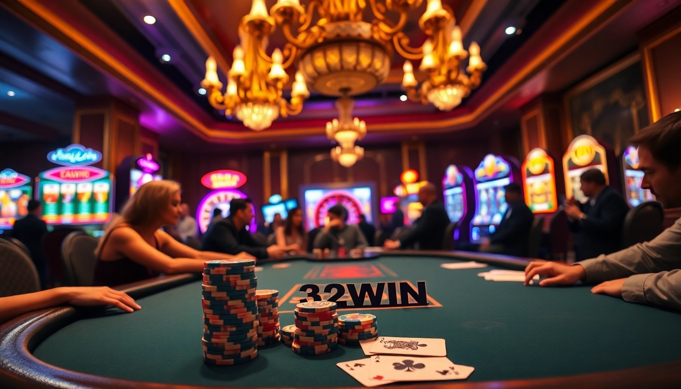 Intensely focused players at a poker table, representing the excitement of 32WIN gaming experiences.