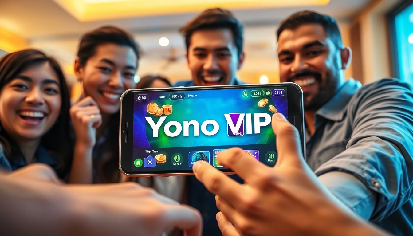 Yono VIP gaming app on a smartphone with players enjoying card games.