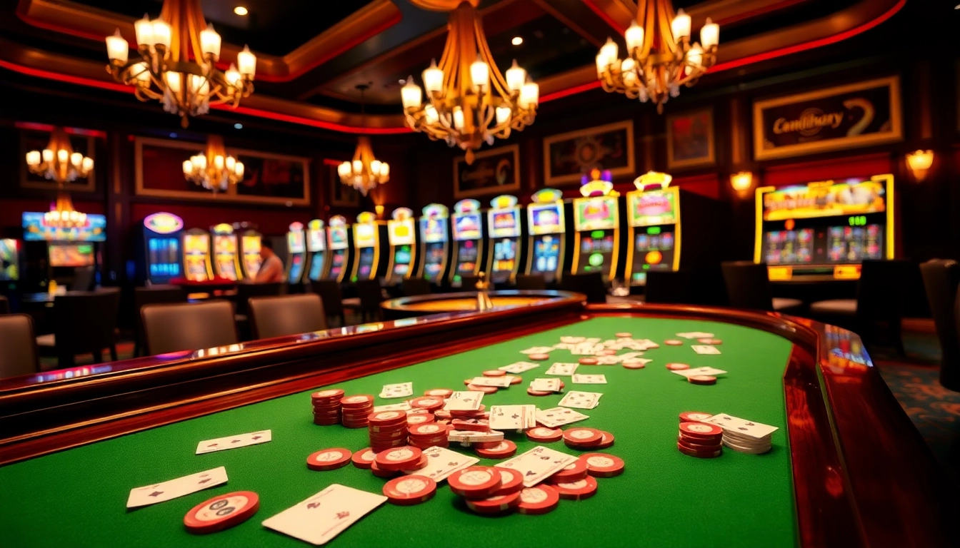 Engaging MMOO poker action at a luxurious casino table with vibrant slot machines in view.