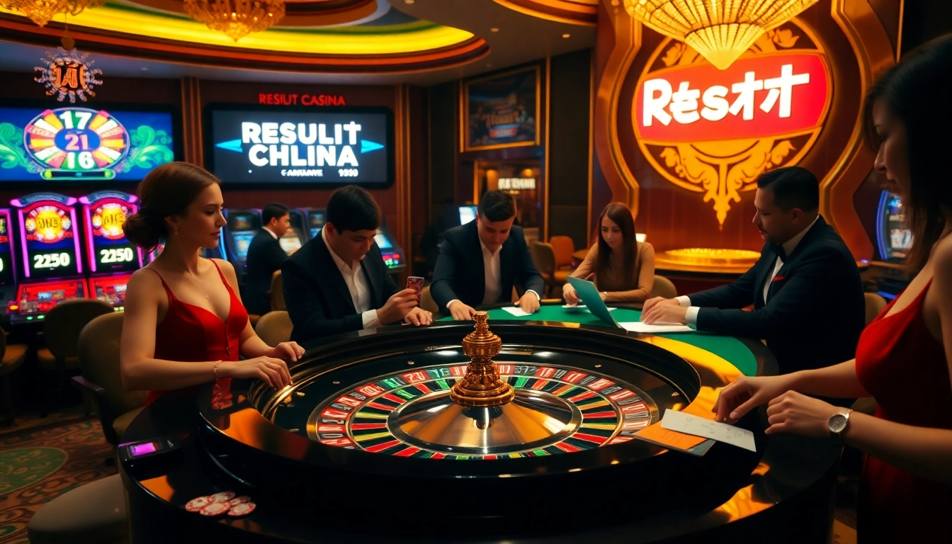 Engage in a thrilling casino scene featuring players tracking their result china amidst vibrant gaming elements.