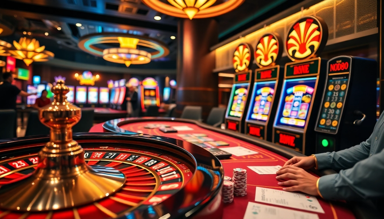Players strategizing at a poker table and spinning the roulette wheel in the luxurious NOHU90 casino.