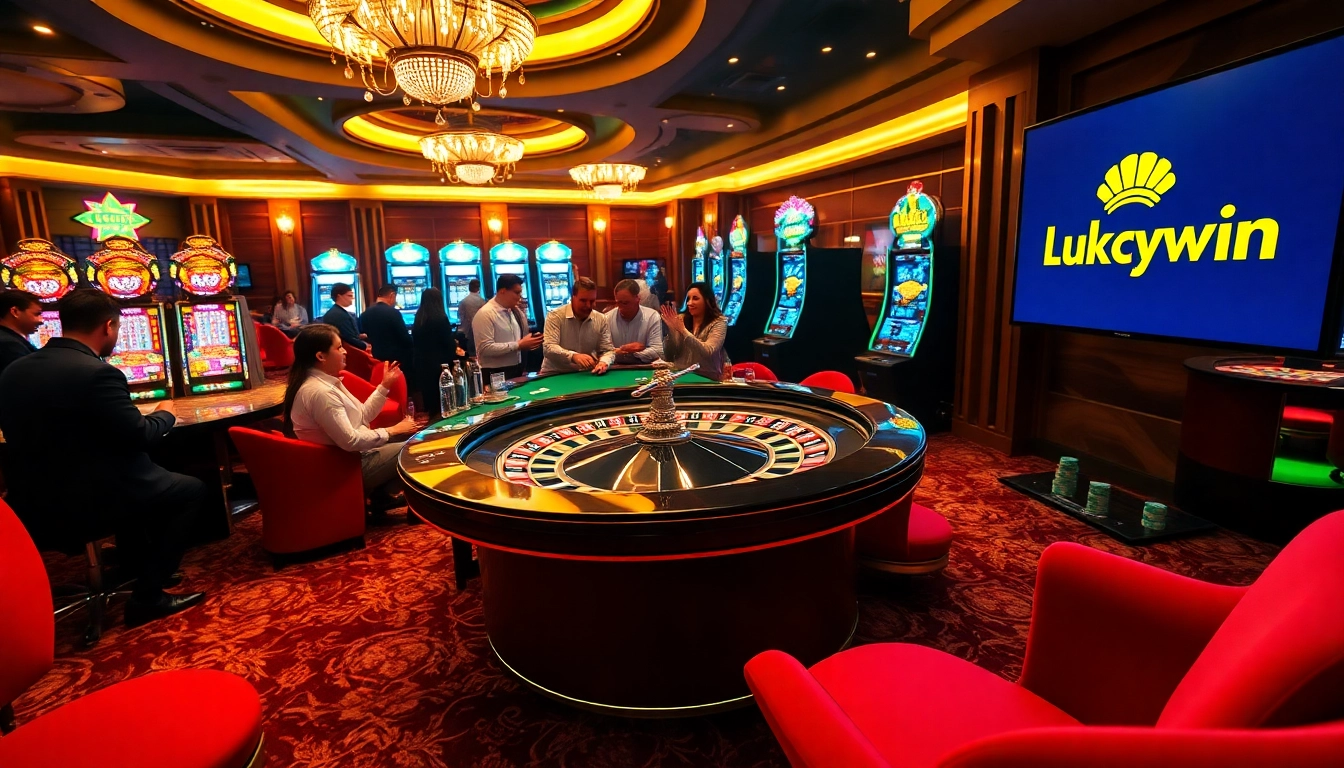 Experience the excitement of Luckywin with vibrant roulette tables and poker chips.
