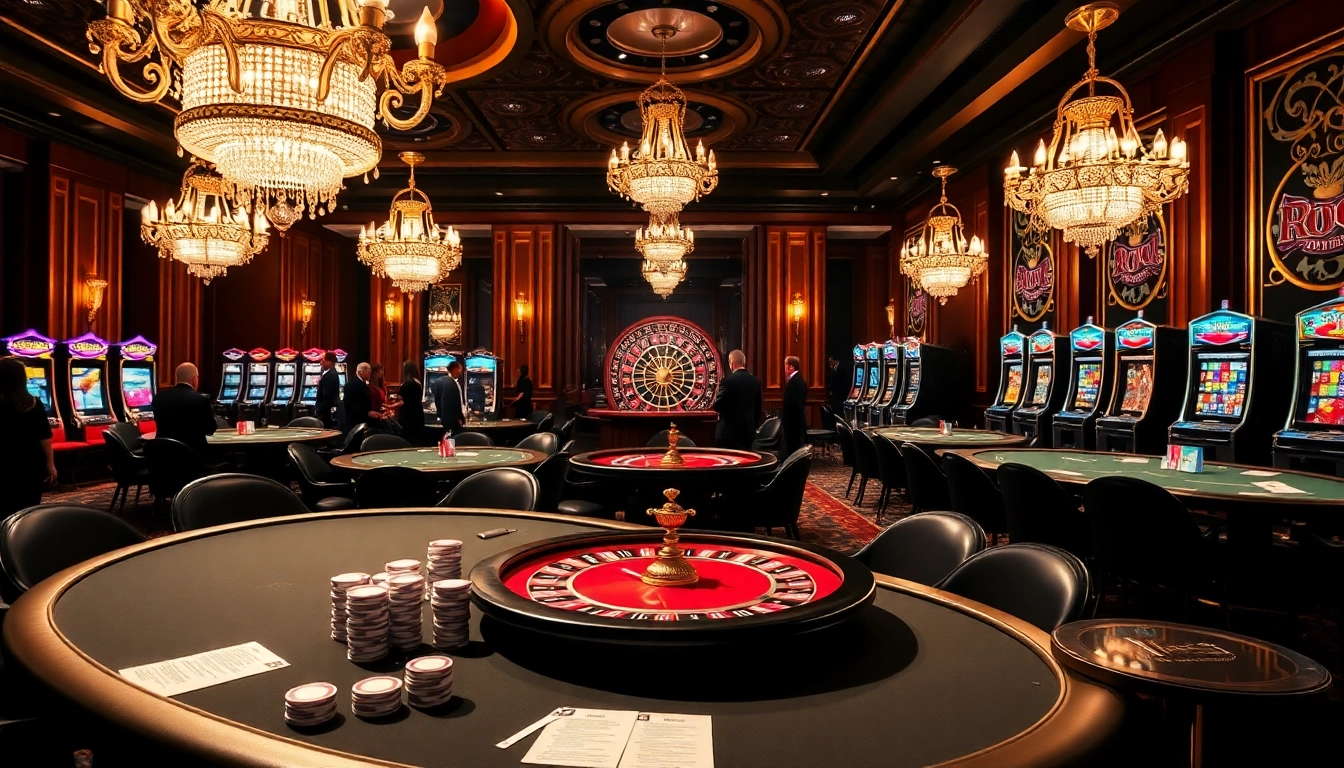 Engaging gamblers at kk55.fit with an elegant casino scene featuring poker tables and slot machines.