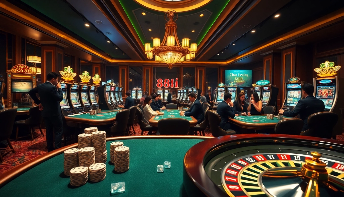 Experience the excitement of casino games at 88i with vibrant tables, roulette wheels, and engaged players.