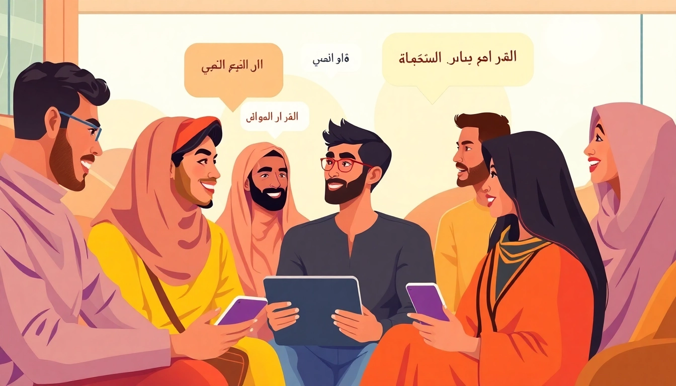 مشهد ممتع يظهر أشخاص يتبادلون المحادثة عبر الإنترنت في شات عربي، يعكس تنوع الثقافات العربية والتواصل الرقمي الحديث.