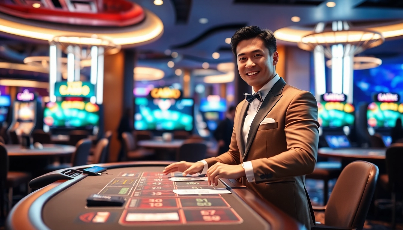 에볼루션 게임을 소개하는 프로페셔널 딜러와 화려한 카지노 환경