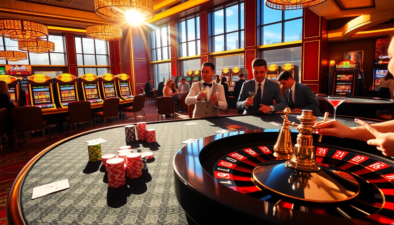 Sunwin gaming scene with vibrant tables, poker chips, and engaged players.